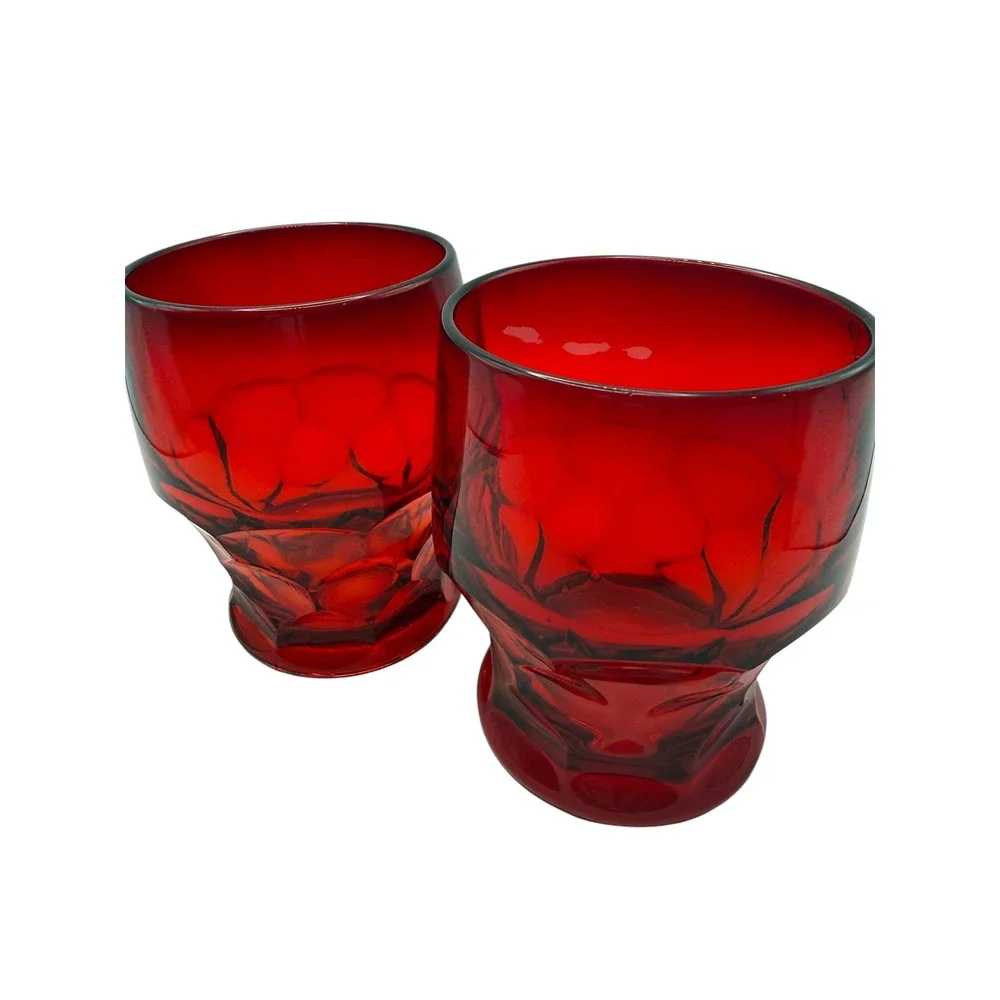 Vintage Ruby Red Textured Faceted Juice Glasses Set of 2 Crimson Tumblers